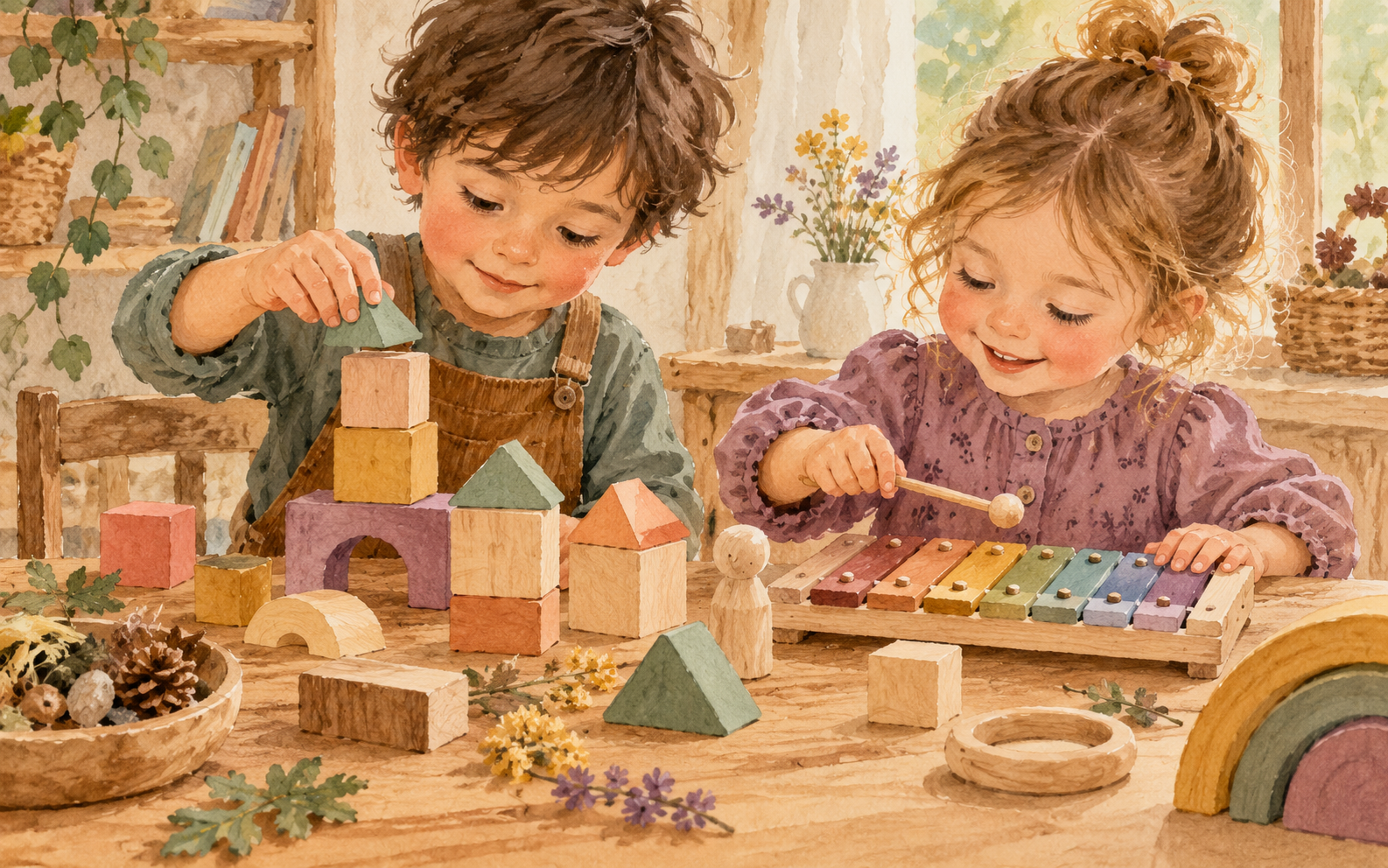 Deux enfants explorent des jeux de construction et un xylophone