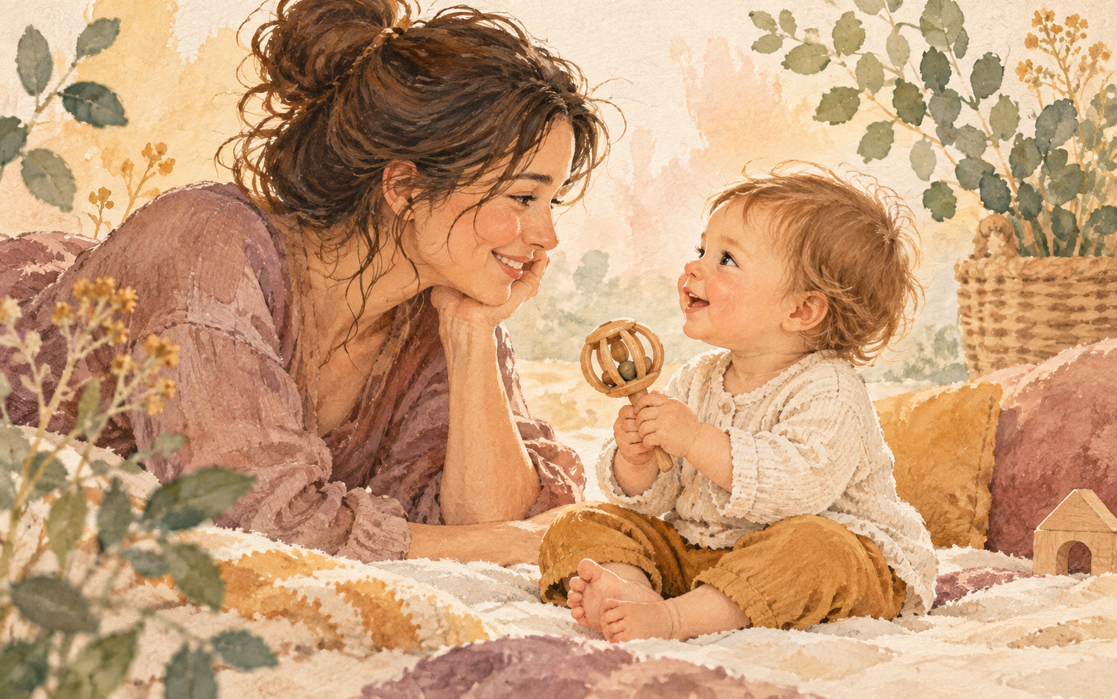 Une maman échange un regard et un jeu avec son bébé