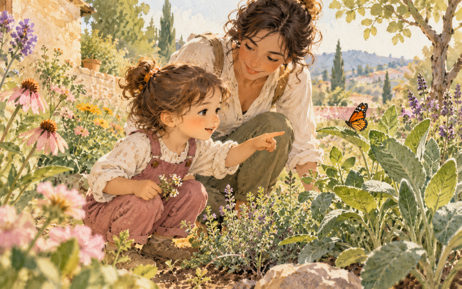 Une enfant observe un papillon dans le jardin avec sa maman